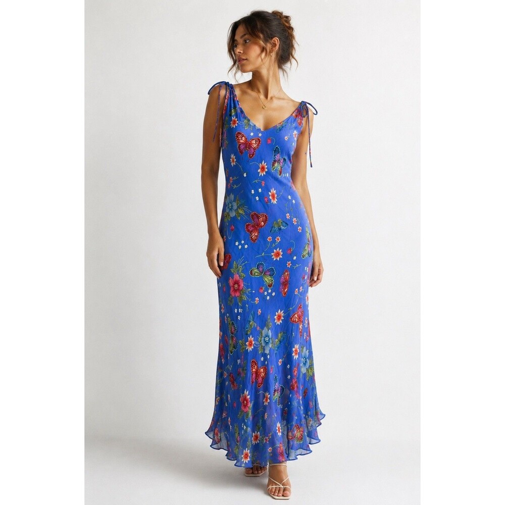 Lola P Blue Butterfly Floral Beaded Rayon Maxi Dress Tie Straps Y2K Boho M